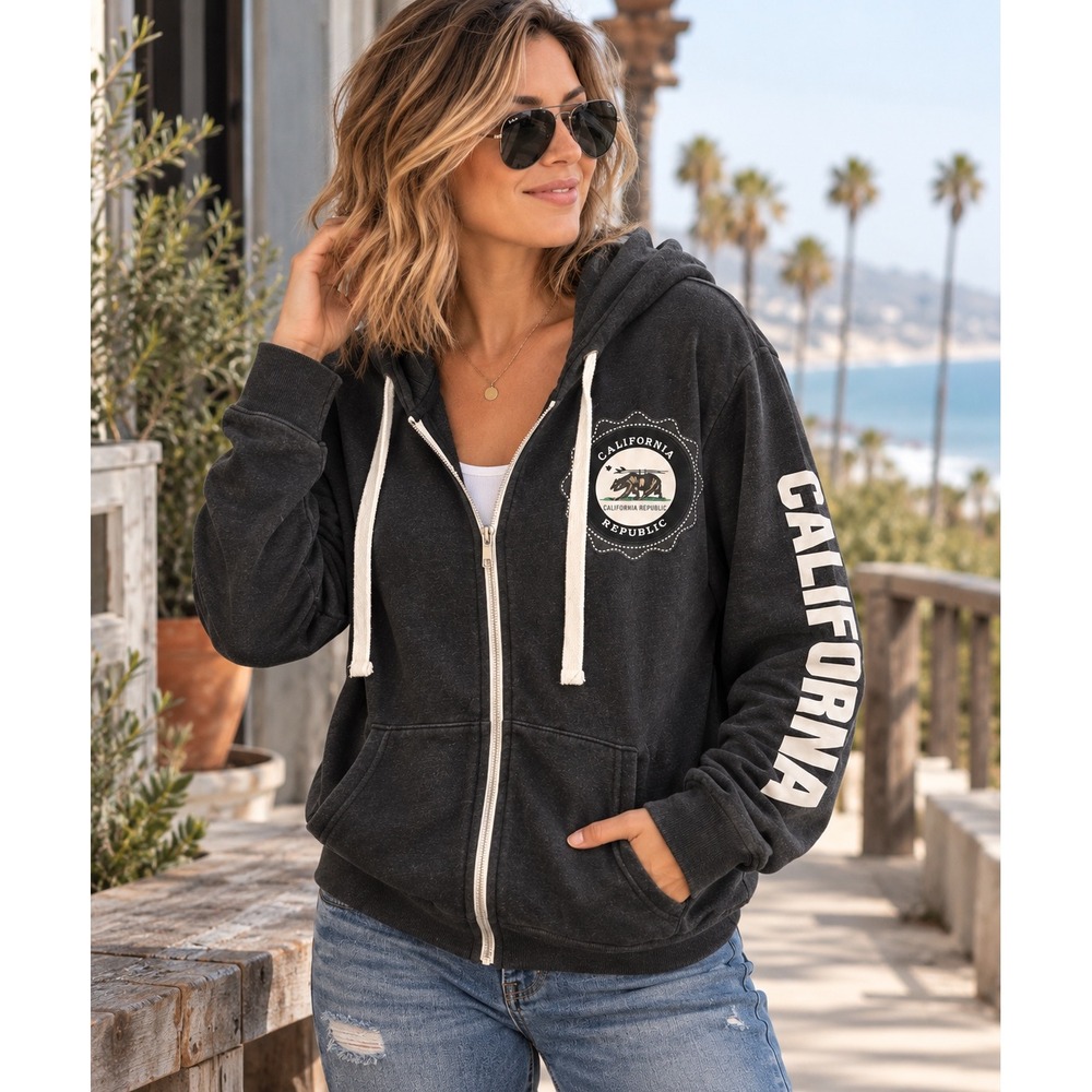 Cali Love Heritage 3XL California Republic Faded Black Zip Hoodie Bear Graphic